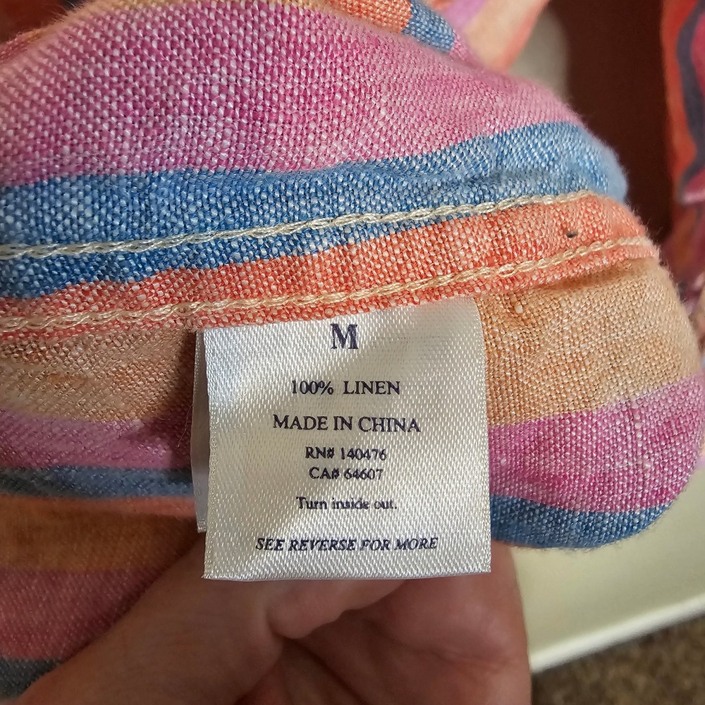 Faherty Laguna Linen Relaxed Shirt Pink Blue Orange Cabana Stripe Button Down M - Picture 8 of 10